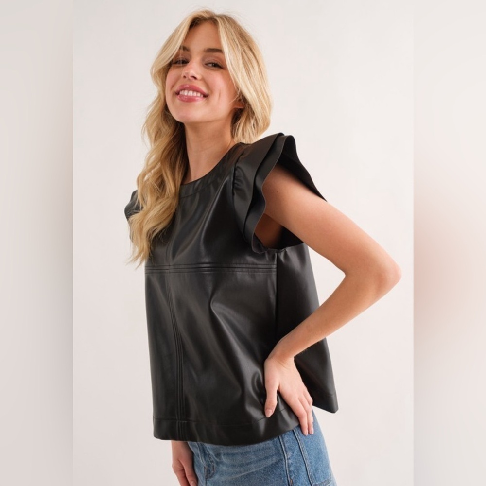 Cute! Faux Leather Top w/Short Ruffled Sleeves - Picture 3 of 6